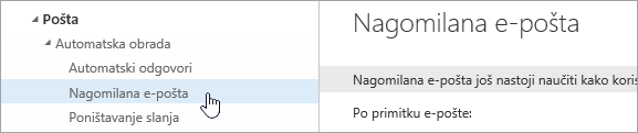 Snimka zaslona s pokazivačem iznad mogućnosti Nagomilana e-pošta na izborniku Postavke.