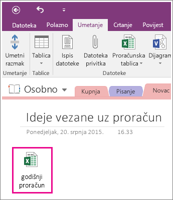 Snimka zaslona priložene proračunske tablice u programu OneNote 2016.