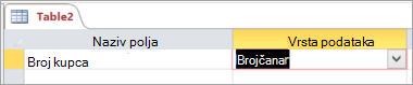 Naziv prvog polja i vrsta podataka nove tablice programa Access