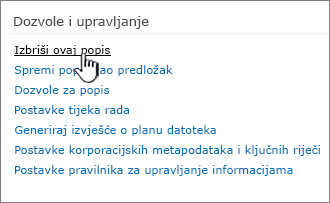 Brisanje popisa u odjeljku Dozvole i upravljanje