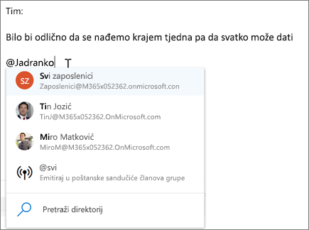 @spominjanja u aplikaciji Outlook na webu