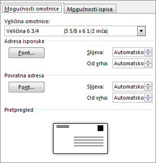 Kartica s mogućnostima omotnice za postavljanje veličine omotnice i fontova adrese