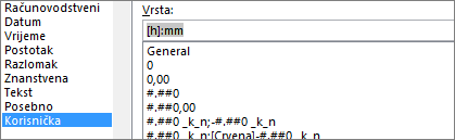 Dijaloški okvir Oblikovanje ćelija, naredba Prilagodi, vrsta [h]:mm