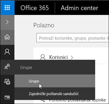 Odabir grupa u oknu navigacijskog okna s lijevom tipkom za pristup grupama u programu Office 365