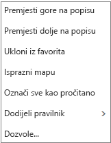 Izbornik konteksta ili prečaca, koji se pojavljuje kada desnom tipkom miša kliknete mapu ulazne e-pošte u aplikaciji Pošta