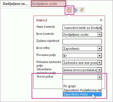 Odabir skočnog prikaza za kontrolu samodovršetka.