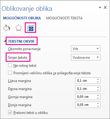 Odabir smjera teksta u oknu Oblikovanje oblika