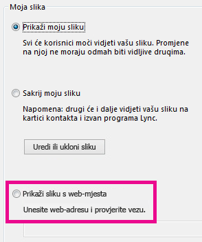 Snimka zaslona odjeljka s mogućnostima za sliku u programu Lync i istaknutom mogućnošću za odabir slike s web-mjesta