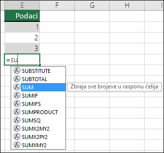 Samodovršetak formule programa Excel