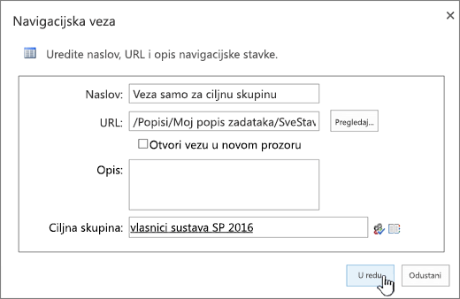 Svojstva navigacijske veze s istaknutom mogućnošću U redu.