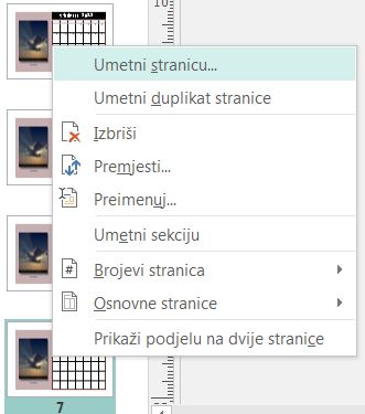 Da biste umetnuli stranicu, desnom tipkom miša kliknite stranicu u oknu za navigaciju stranicom.