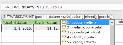 Popis značajke IntelliSense prikazuje 2 – nedjelja, ponedjeljak; 3 – ponedjeljak, utorak itd.