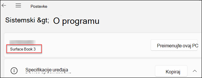 Prikazuje informacije o uređaju pri vrhu prozora ispod naslova zaslona.