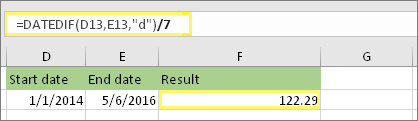 =(DATEDIF(D13;E13;"d")/7) i rezultat: 122,29