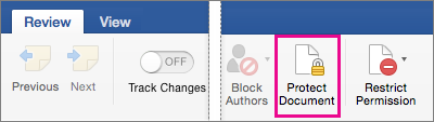 On the Review tab, Protect Document is highlighted