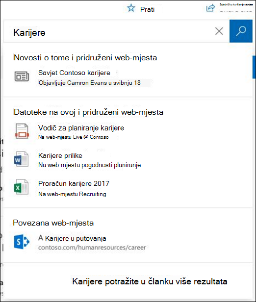 Rezultati pretraživanja na web-mjestu SharePoint koncentratoru