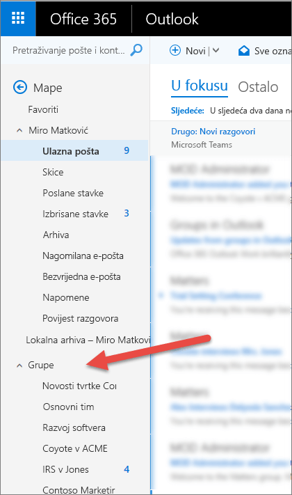 Svoje grupe možete naći u navigacijskom oknu s lijeve strane u programu Outlook ili aplikaciji Outlook na webu.