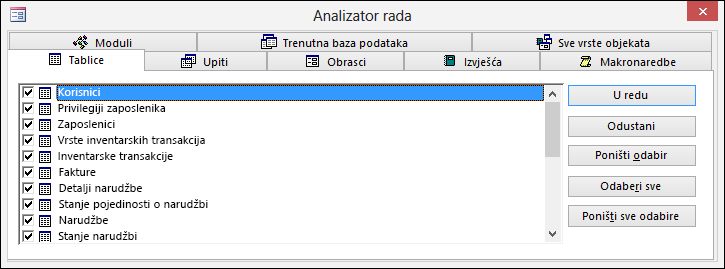 Dijaloški okvir Analizator rada u programu Access