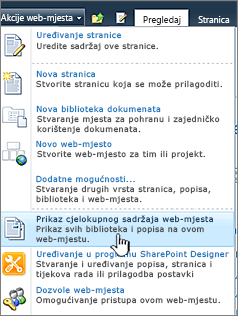 Prikaz svih sadržaja web-mjesta na izborniku Akcije web-mjesta