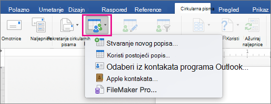 Na kartici Skupna pisma istaknut je odjeljak Odabir primatelja s popisom mogućnosti