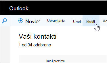 Snimka zaslona s gumbom Izbriši na navigacijskoj traci programa Outlook.