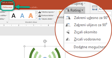 Naredbe za rotaciju dostupne su na kartici Oblikovanje alata za crtanje na vrpci s alatnim trakama. Odaberite objekt koji želite zakrenuti, a zatim kliknite vrpcu.