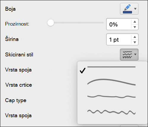 Mogućnosti oblika crte na Macu s odabranim stilom skicirani