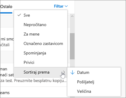 Filtriranje e-pošte u programu Outlook na webu