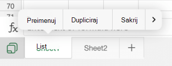 Mogućnost preimenovanja lista u programu Excel za iOS.