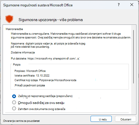 Dijaloški okvir sigurnosnog upozorenja iz programa Microsoft Excel