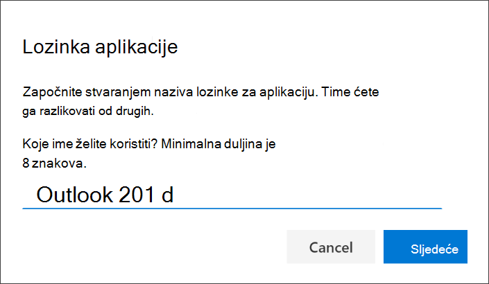 Snimka zaslona na koju se prikazuje stranica "Lozinka aplikacije" s unesenim nazivom aplikacije