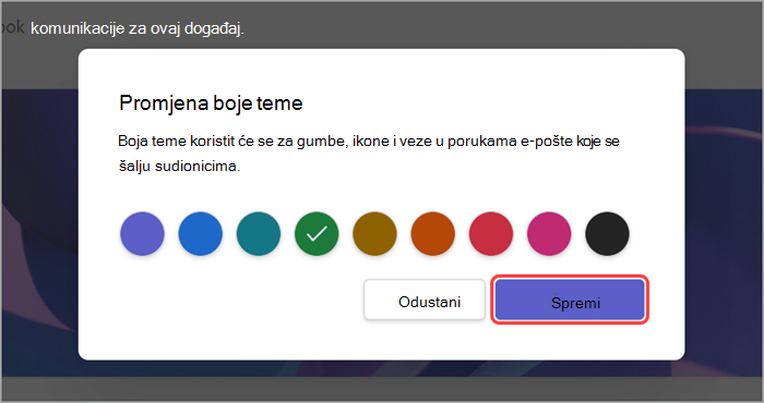 Snimka zaslona istaknutog korisničkog sučelja s prikazom načina promjene boje teme gradske dvorane