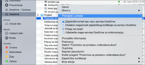 Odabir izbornika koji se otvara klikom desnom tipkom miša za brisanje datoteke sa servisa OneDrive u alatu za pronalaženje za Mac