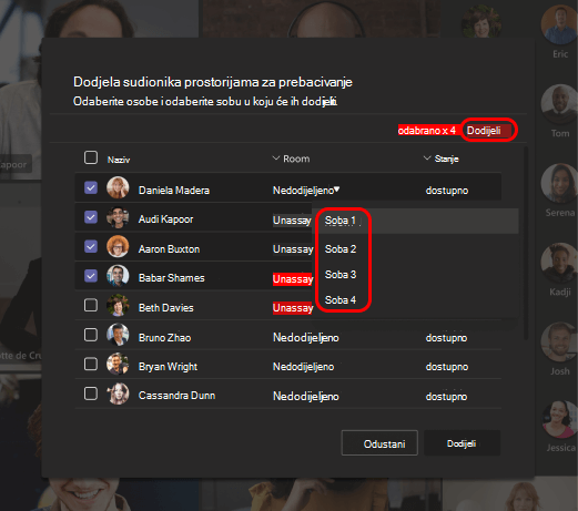 Slika koja pokazuje kako odabrati sobe za pojedinačne sastanke za sudionike.