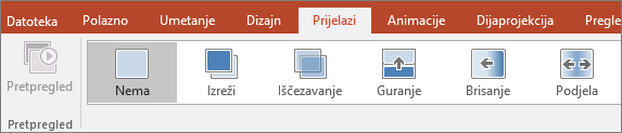 Kartica Prijelazi na vrpci u programu PowerPoint.