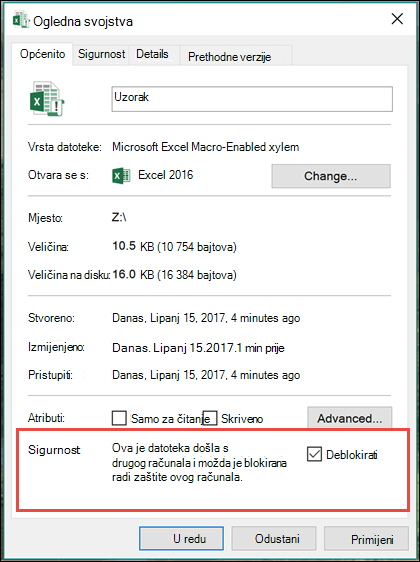 Desnom tipkom miša kliknite datoteku u programu Windows Explorer da biste deblokirali makronaredbe.