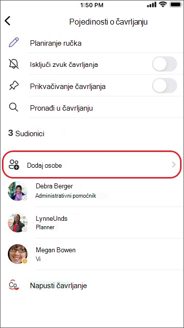 dodavanje osoba u grupno čavrljanje na mobilnom uređaju