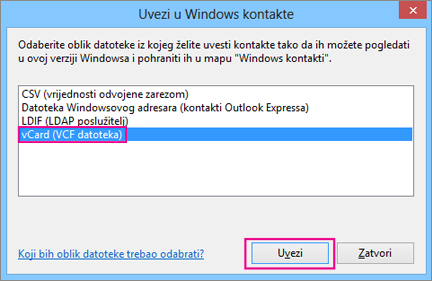 Odaberite vCard, a zatim Uvoz.