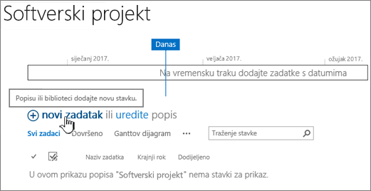 Vremenska traka zadatka, kliknite novo + da biste dodali zadatke