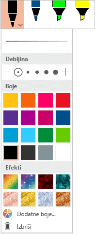 Mogućnosti boje i debljine za olovku u galeriji olovaka sustava Office na kartici Crtanje