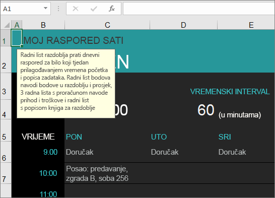 Novi predložak Upravitelj sveučilišnim kolegijima u programu Excel s opisima elemenata.