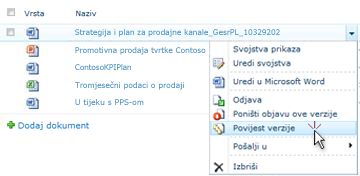 Padajući popis za datoteku sustava SharePoint. Odabrana je povijest verzija.