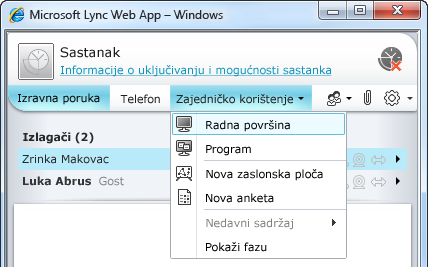 Izbornik zajedničkog korištenja web-aplikacije Lync Web App