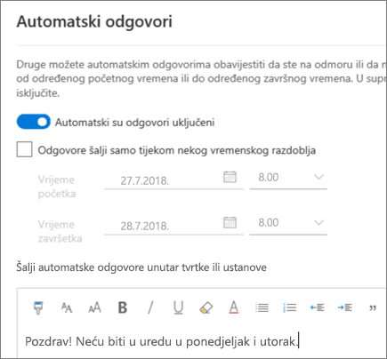 Stvaranje odgovora o odsutnosti iz ureda u programu Outlook na webu