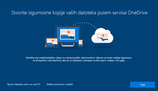 Snimka zaslona stranice servisa OneDrive koja se prikazuje kada prvi put koristite Windows 10