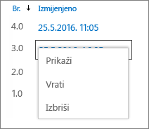 Mogućnosti povijesti verzija (prikaz, vraćanje, brisanje)