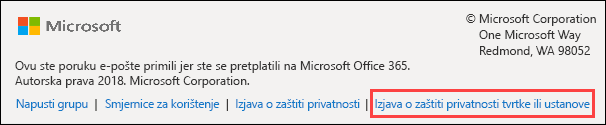 Office 365 grupe, podnožje poruke dobrodošlice gosta