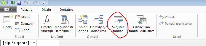 Vrpca u prozoru dodatka PowerPivot na kojoj je prikazana naredba Svojstva tablice