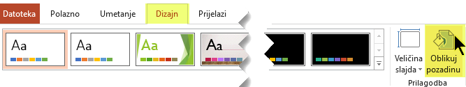 U programu PowerPoint gumb Oblikuj pozadinu nalazi se na kartici Dizajn na vrpci