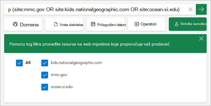 snimka zaslona s prikazom prilagođenog filtra učenicima i studentima kada je on